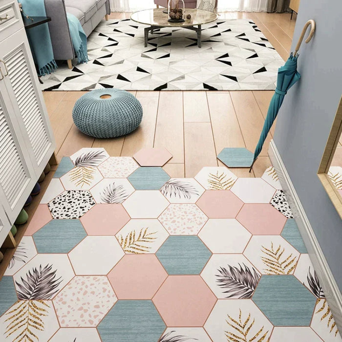 Feblilac Irregular Geometric Hexagon Pink Blue Leaves Pattern PVC Leather Door Mat