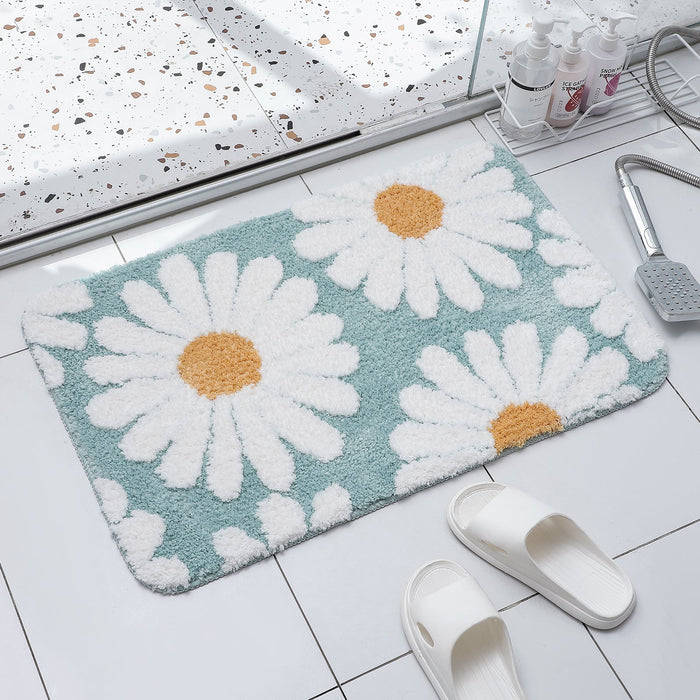 Feblilac Cute White Blue Daisy Flower Bath Mat, Multiple Colors Available