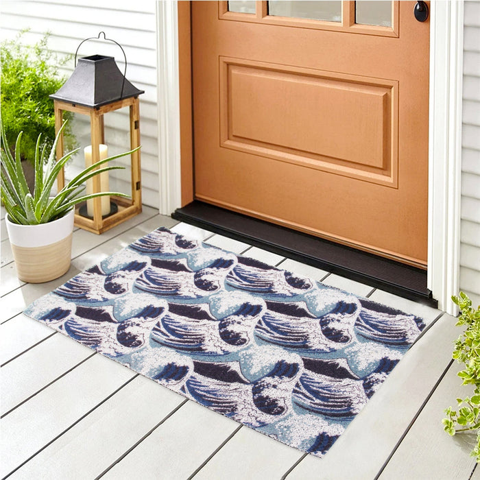 Feblilac Japanese Blue Wave Pattern Entrance Door Mat, Ukiyoe Art Doorway PVC Rug