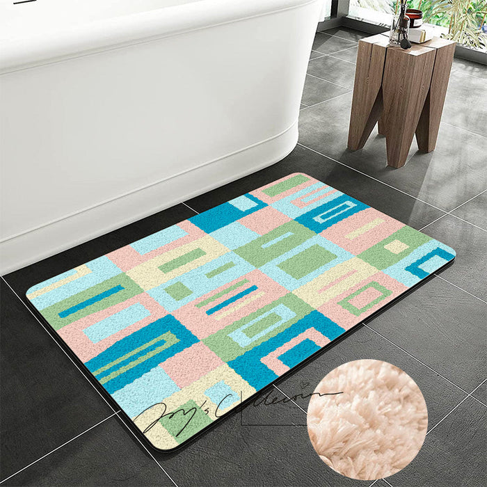 Feblilac Pink and Blue Square Geometric Tufted Bath Mat