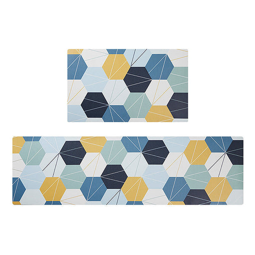 Feblilac Blue and Yellow Honeycomb Shapes Pattern PVC Leather Kitchen Mat Mom‘s Day Gift