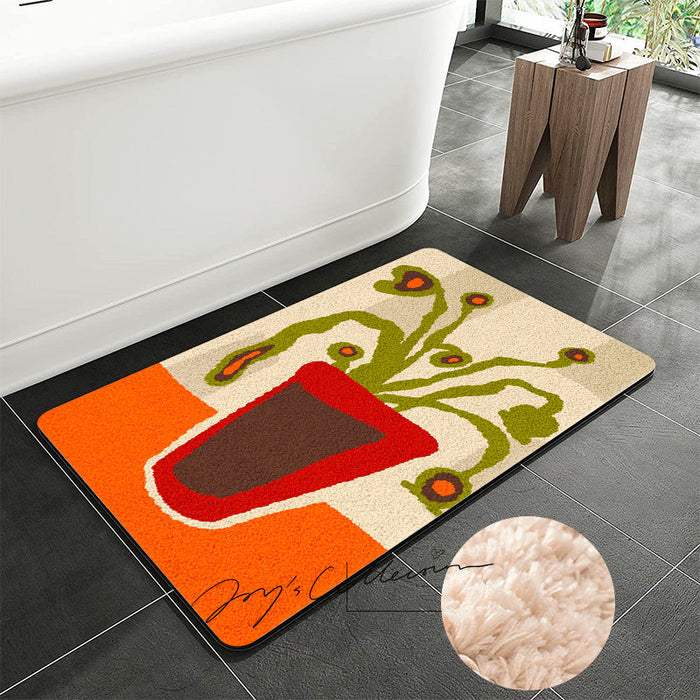 Feblilac Red Vase and Green Plant Tufted Bath Mat