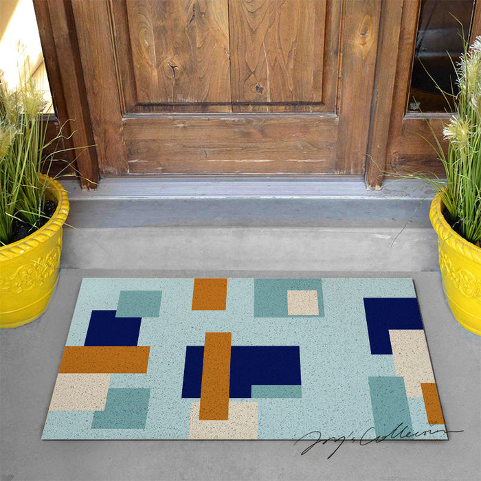 Feblilac Blue and Brown Squares Geometric PVC Coil Door Mat