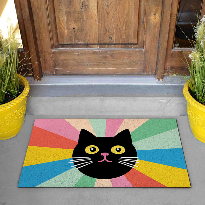 Feblilac Black Cat Colorful Stripes Background PVC Coil Door Mat