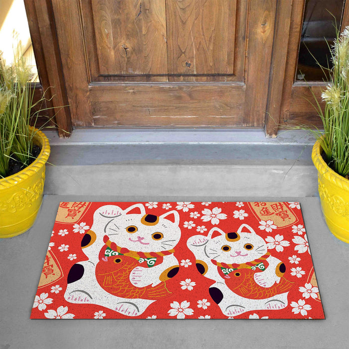 Feblilac Red Background White Sakura Lucky Cat PVC Coil Door Mat