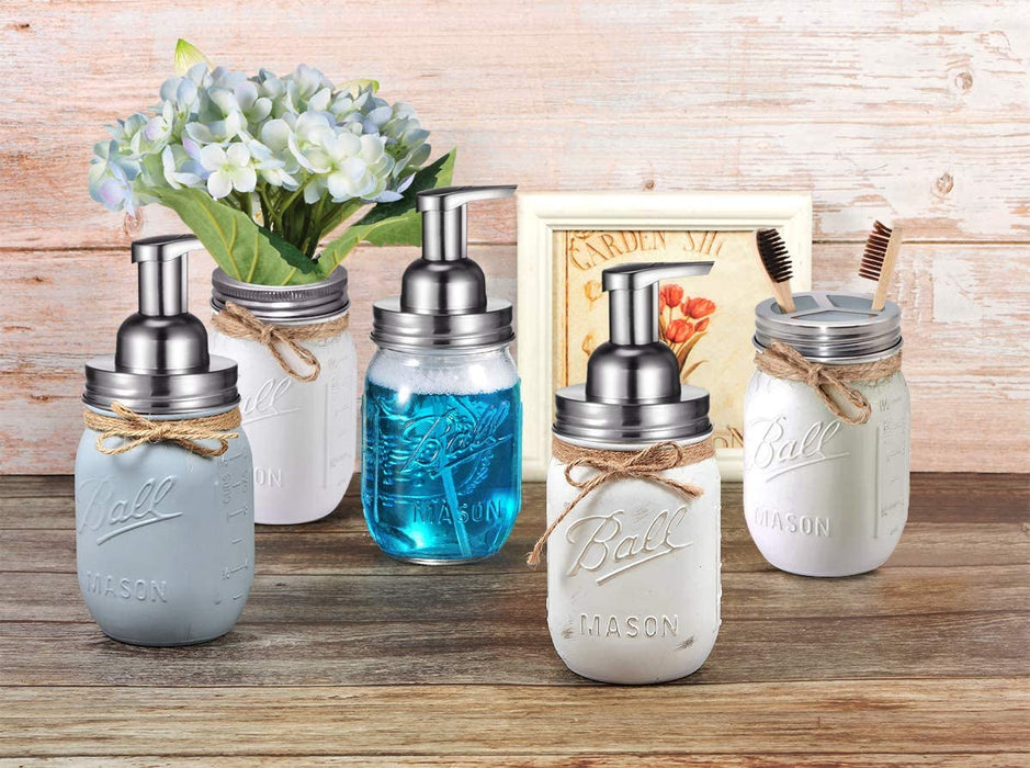 Mason Jar Bathroom Set（3 Piece）-Foaming Soap Dispenser, Toothbrush Holder,Flower Vase,For Wedding House Decor Countertop and Vanity Organizer Bathroom Kitchen Farmhouse Décor (Brushed Nickel