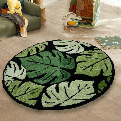 Feblilac Round Tropical Green Leaves Tufted Bath Mat, Monstera Leaf Area Rug