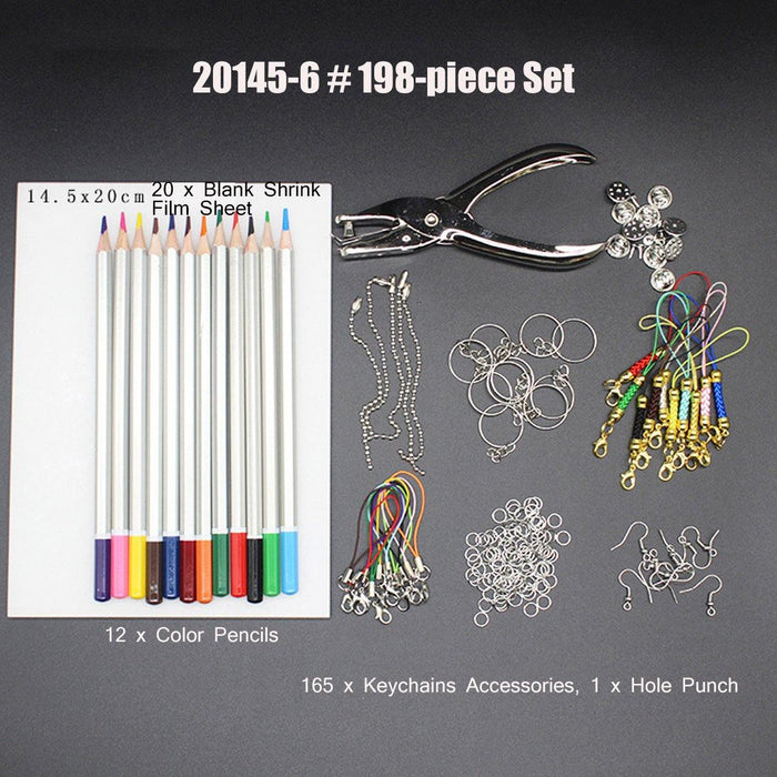 198Pcs/145Pcs/33Pcs DIY Heat Shrink Plastic Sheet Kit Shrinky Art Paper Hole Punch Keychains Pencils