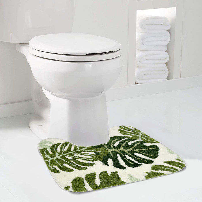 Feblilac U-Shape Green Leaves Toilet Mat, Monstera Leaf Bath Mat