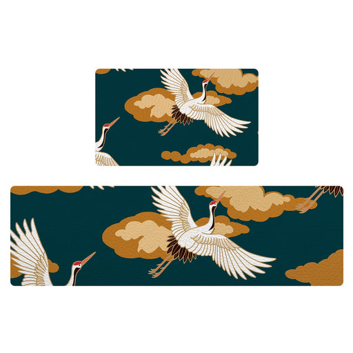 Feblilac Blue Background Crane PVC Leather Kitchen Mat