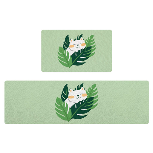 Feblilac Monstera Cat PVC Leather Kitchen Mat