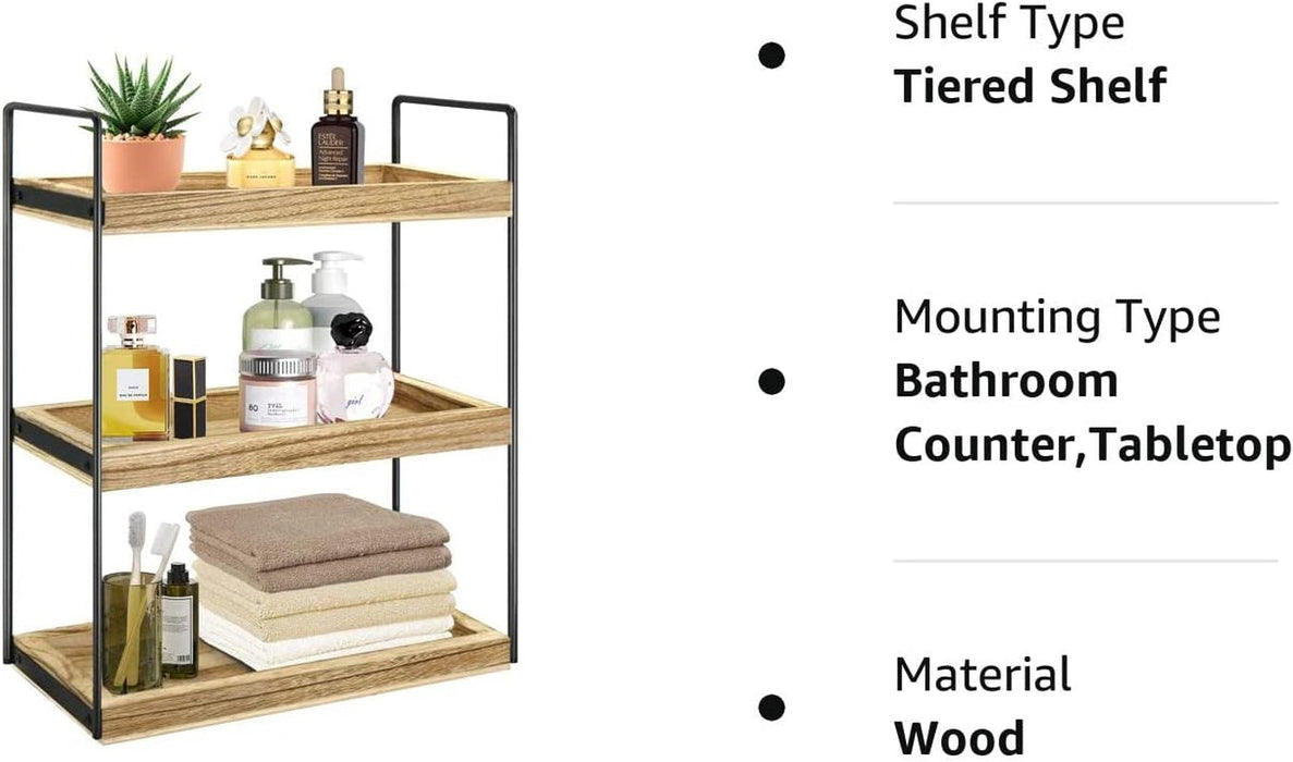 3 Tier Bathroom Counter Organizer, Wooden Bathroom Organizer Countertop, Bathroom Trays for Counter, Perfume Skincare Organizer Cosmetic Holder, Kitchen Spice Rack Bathroom Tray