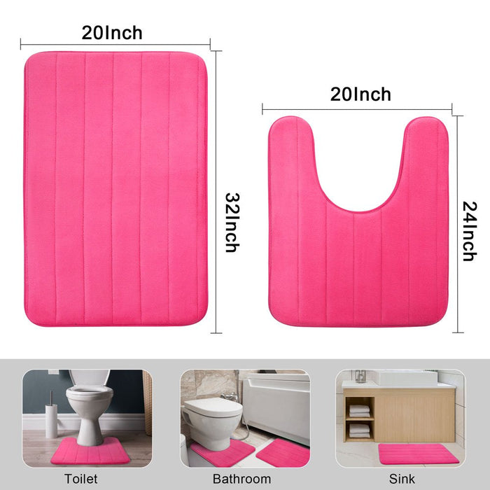 Memory Foam Bath Mat Set of 2, Absorbent Bathroom Rug and U-Shaped Toilet Floor Mat, Hot Pink