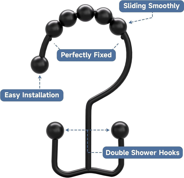 Black Shower Curtain Hooks Rings, Rust-Resistant Metal Double Glide Shower Hooks for Bathroom Shower Rods Curtains, Set of 12 Hooks - Matte Black