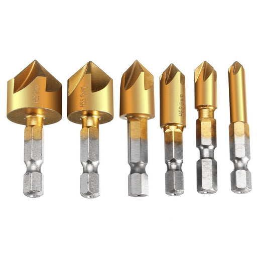 Drillpro 6Pcs 6-19mm Countersink Drill Bit 5 Flutes Hex Shank Titanium Coated Chamfer Cutter Set