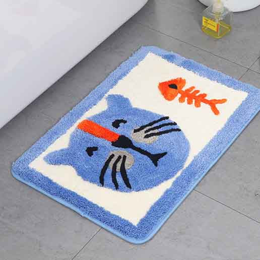 Feblilac Cat and the Fishbone Blue Ground Bath Mat