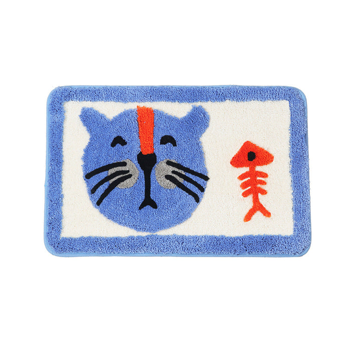 Feblilac Cat and the Fishbone Blue Ground Bath Mat