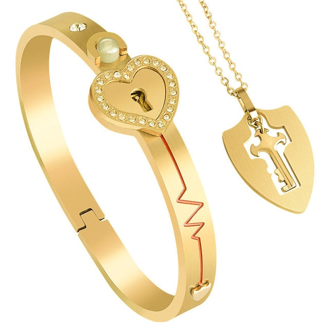 Stainless Steel Love Heart Lock Bangle Bracelet - Okeihouse