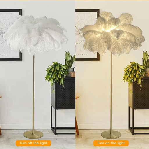 Feather Lamp Natural Ostrich Feather Floor Lamp 62.99Inch Tall Standing Lamp for Bedroom, Funky White Feather Light Gold Floor Lamps Girl Bedroom Living Room Lamp for Nightstand Elegant Decor