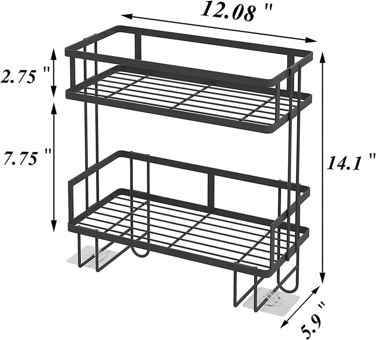 Bathroom over the Toilet Storage Shelf, 2-Tier Bathroom Storage Organizer Shelves, No Drilling Space Saver with Adhesive Base and Hooks (Black)