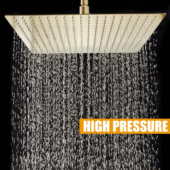 16 Inch Rain Shower Head, 16" Square Rainfall & High Pressure Stainless Steel Bath Showerhead, 1/16" Ultra Thin, Waterfall Full Body Coverage with Silicone Nozzle, Brushed Gold