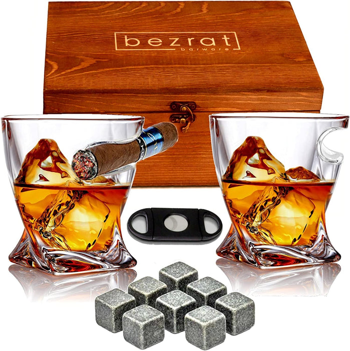 Old Fashioned Whiskey Cigar Glasses with Side Mounted Cigar Holder + Whisky Chilling Stones and Accessories in Wooden Box - Scotch Bourbon Set for Dad, Husband, Fathers Day, Birthday Gift Set