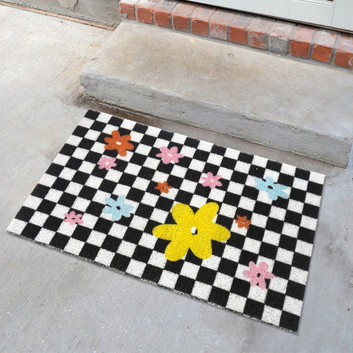 Checkerboard Black and White Floret Door Mat