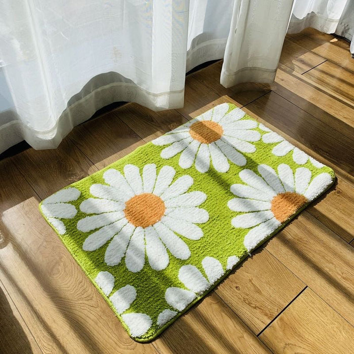 Feblilac Green Bath Mat Set, Flower Floral Bathroom Rug Set, Toilet Cover Mat