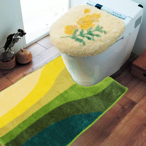 Feblilac Yellow Green Wave Tufted Bathroom Mat Toilet U-Shaped Floor Mat