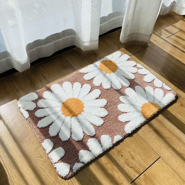 Feblilac Brown Daisy Bath Mat Set, Flower Floral Bathroom Rug Set, Toilet Cover Mat