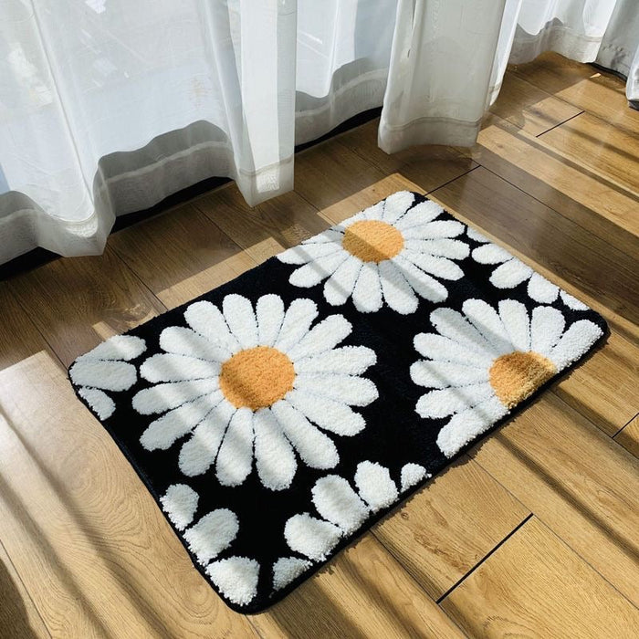 Feblilac Black Bath Mat Set, Flower Floral Bathroom Rug Set, Toilet Cover Mat