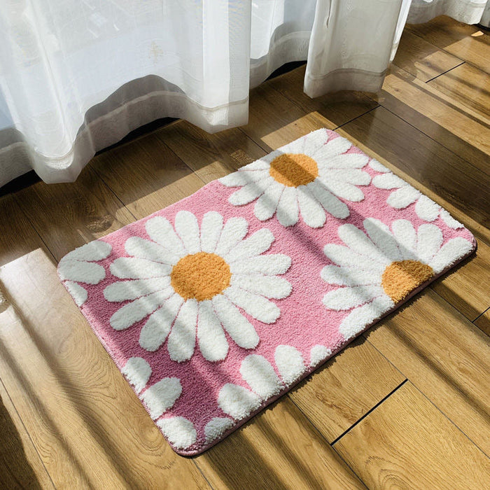 Feblilac Pink Daisy Bath Mat Set, Flower Floral Bathroom Rug Set, Toilet Cover Mat