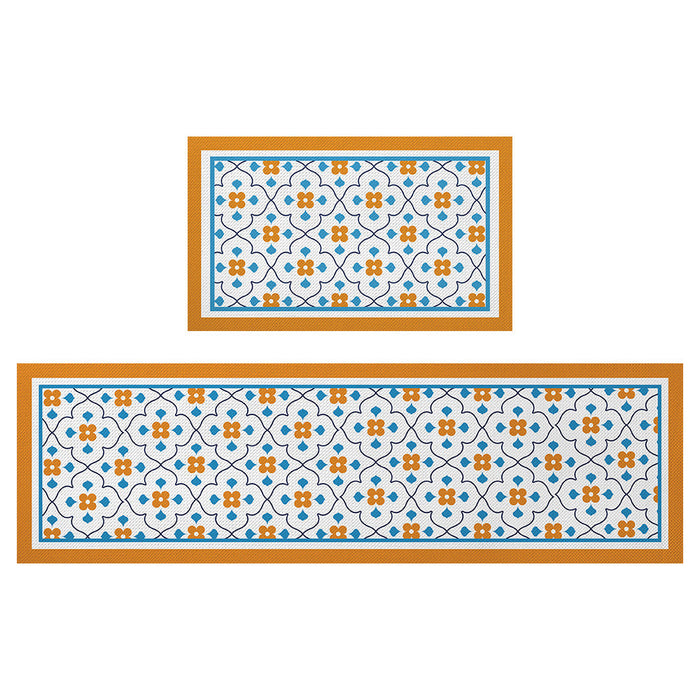 Feblilac Orange and Blue Flower Geometric Pattern PVC Leather Kitchen Mat