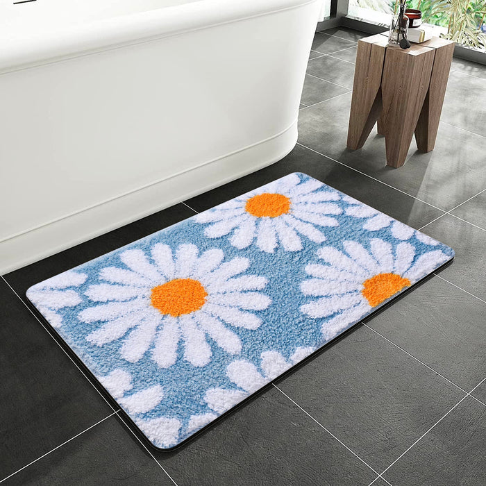 Feblilac Sky Blue Daisy Bath Mat, Flower Floral Bathroom Rug, Soft Plush Water-Absorbent Mat