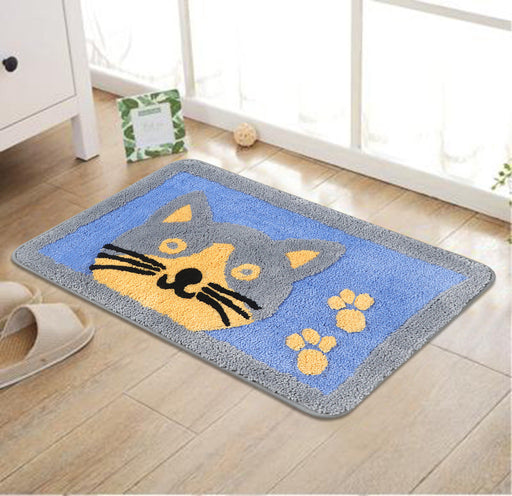 Feblilac Cat and the Footprints Blue Ground Bath Mat