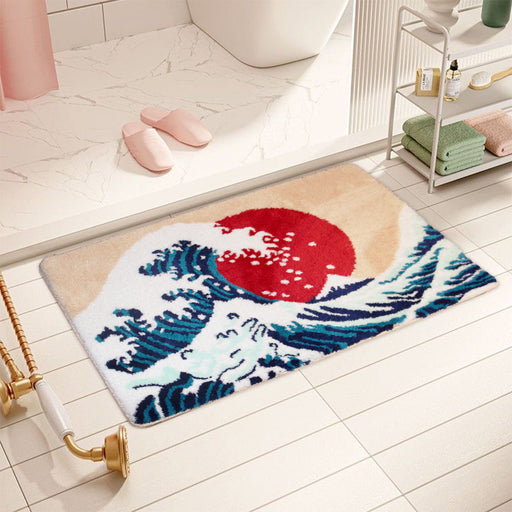 Feblilac Ukiyoe Great Waves and Sunset Bath Mat, Japanese Style Rug for Bathroom