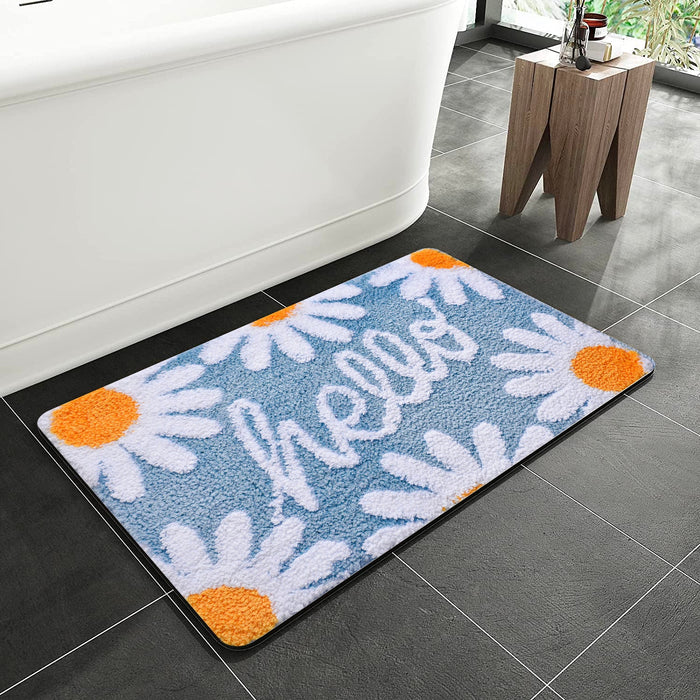 Blue Hello Daisy Bath Mat, Flower Floral Bathroom Rug, Soft Plush Water-Absorbent Mat, 40x60cm or 16x24 inches