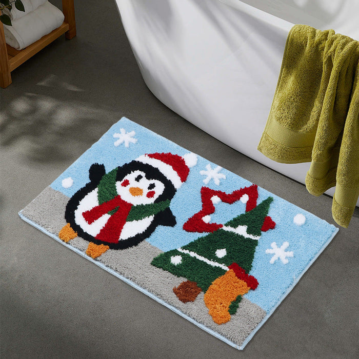 Feblilac Merry Christmas Tree and Happy Santa Claus Snowman Bath Mat