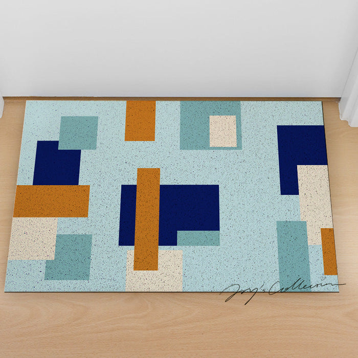 Feblilac Blue and Brown Squares Geometric PVC Coil Door Mat