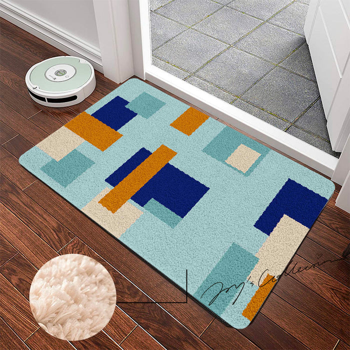 Feblilac Blue and Brown Squares Geometric Tufted Bath Mat