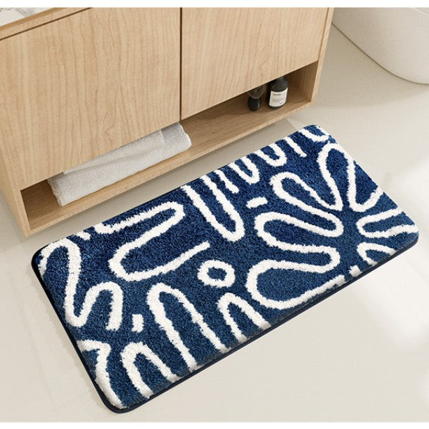 Feblilac Blue and White Abstract Lined Tufted Bathroom Mat Toilet U-Shaped Floor Mat