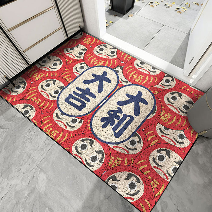 Japanese Style PVC Entrance Door Mat, Red Daruma Mat for Front Door Patio, Cute Home Decor