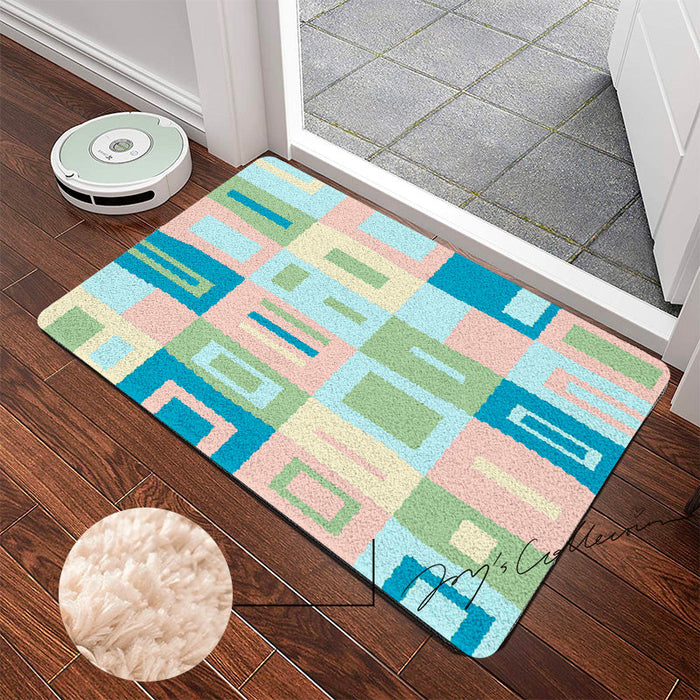 Feblilac Pink and Blue Square Geometric Tufted Bath Mat