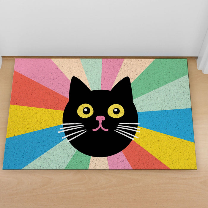 Feblilac Black Cat Colorful Stripes Background PVC Coil Door Mat