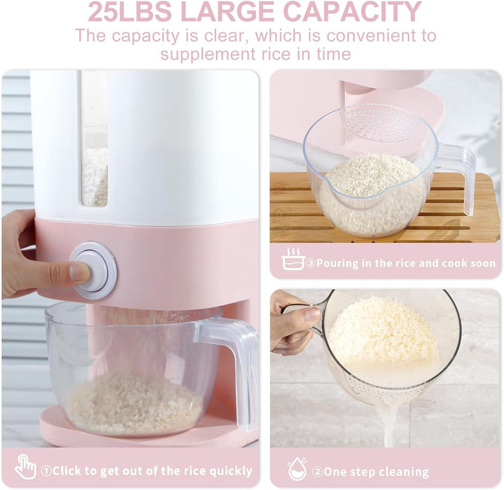 25 Lbs Pink Rice Dispenser, Plastic Food Storage Container, Large Rice Container with Lid, Moisture Proof Household Cereal Dispenser Bucket, Sealed Grain Container Storage for Kitchen