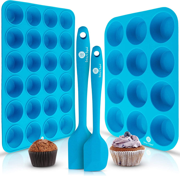 Premium Silicone Muffin Pan - Non Stick Silicone Cupcake Pan - 12 Cup Muffin Tray, 24 Cups Mini Cupcakes Pans - Silicon Muffin Molds - Silicone Baking Set - 2 Spatulas - Recipe E-Book