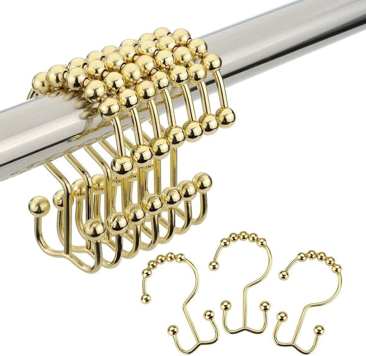 Gold Shower Curtain Hooks Rings, Stainless Steel Shower Curtain Rings, 12Pcs Double Glide Shower Hooks for Bathroom Shower Curtain Rods Dual Rust-Resistant Shower Rings