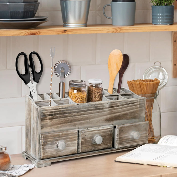 Rustic Vanity Organizer for Cosmetics, Makeup, and Bathroom Accessories, Wooden Farmhouse Storage Box with 3 Drawers, Vintage Countertop, Dresser, or Desk Organization