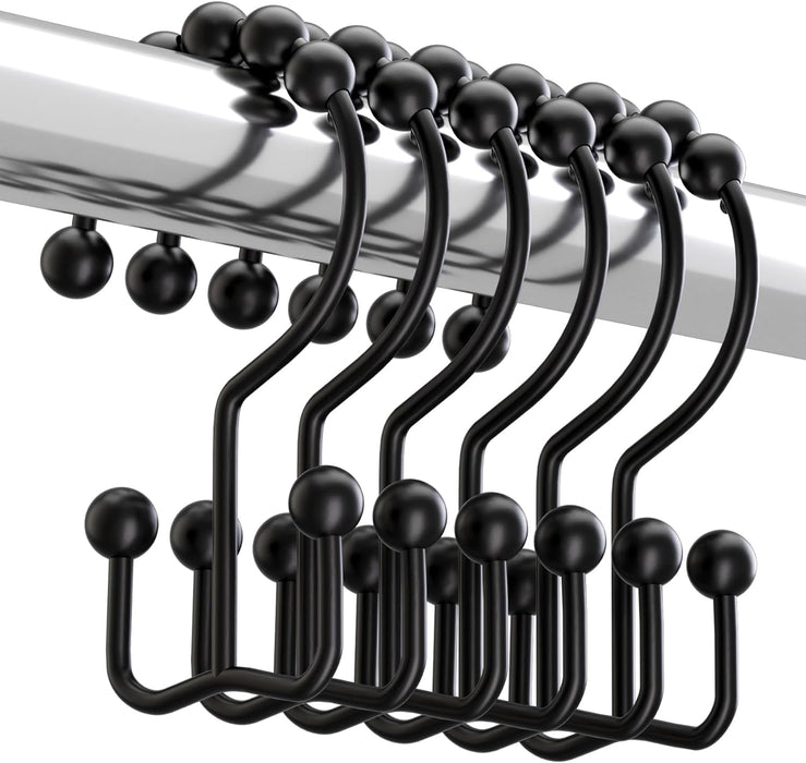 Black Shower Curtain Hooks Rings, Rust-Resistant Metal Double Glide Shower Hooks for Bathroom Shower Rods Curtains, Set of 12 Hooks - Matte Black