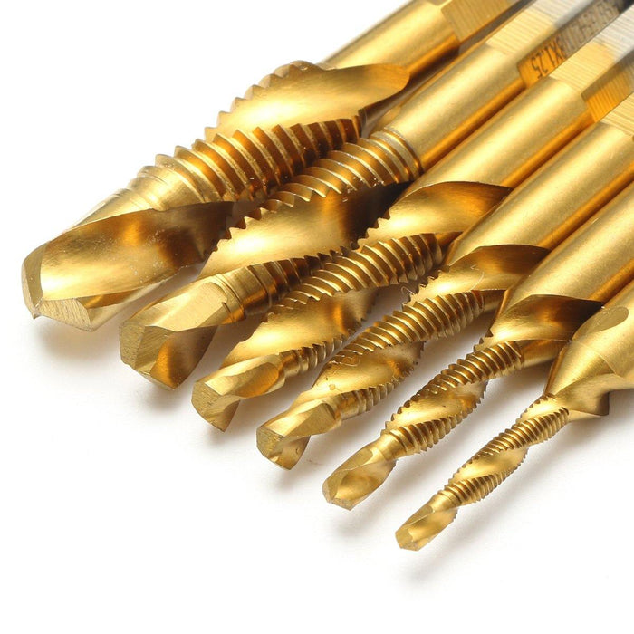 Drillpro 6pcs M3-M10 Hexagon Shank Drill Tap Bit Titanium Plated HSS 6542 Deburr Countersink Bits Screw Thread Metric Tap